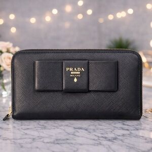 Prada Black Saffiano Leather Bow Zip Wallet